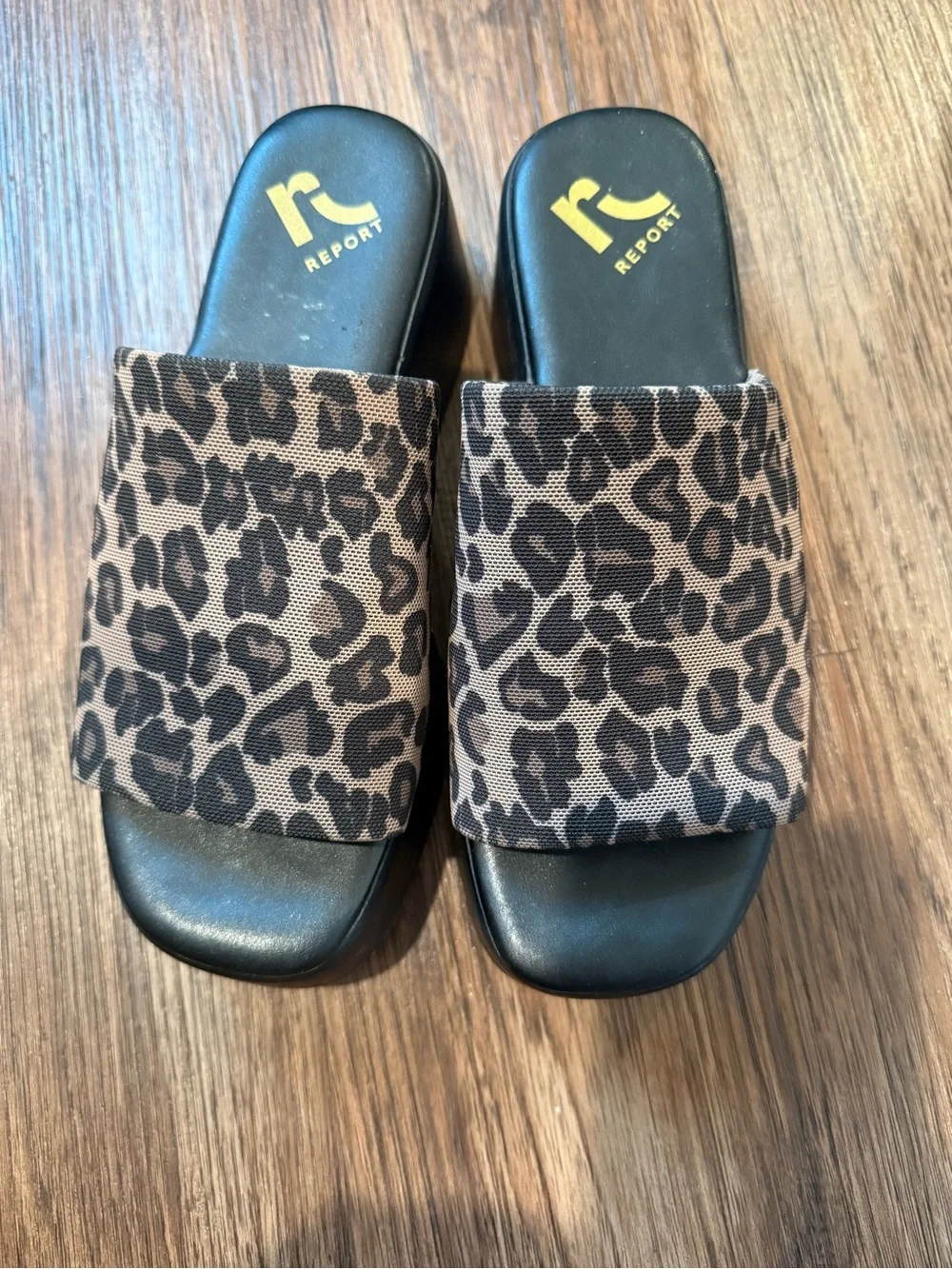 Report Leopard-Print Platform Slide Sandals — Black and Brown